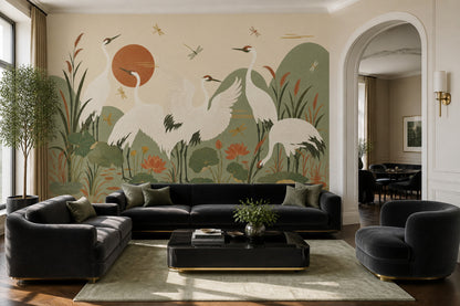 Cranes Wallpaper Lotus East Asian Removable Wall Decor