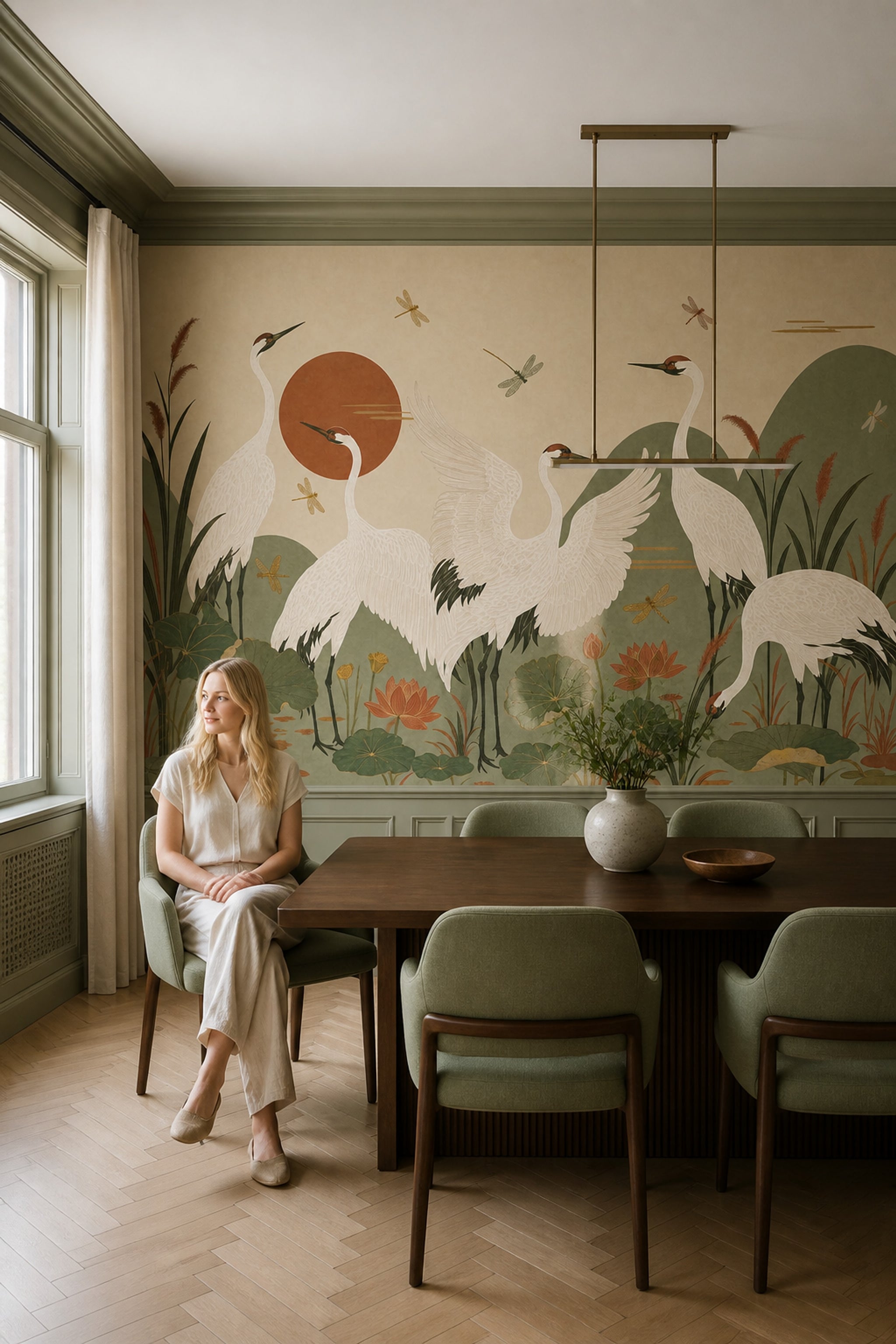 Cranes Wallpaper Lotus East Asian Removable Wall Decor