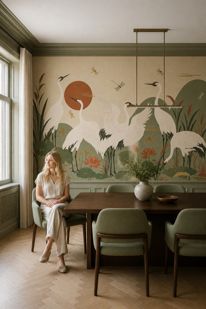 Cranes Wallpaper Lotus East Asian Removable Wall Decor