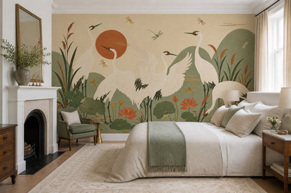 Cranes Wallpaper Lotus East Asian Removable Wall Decor