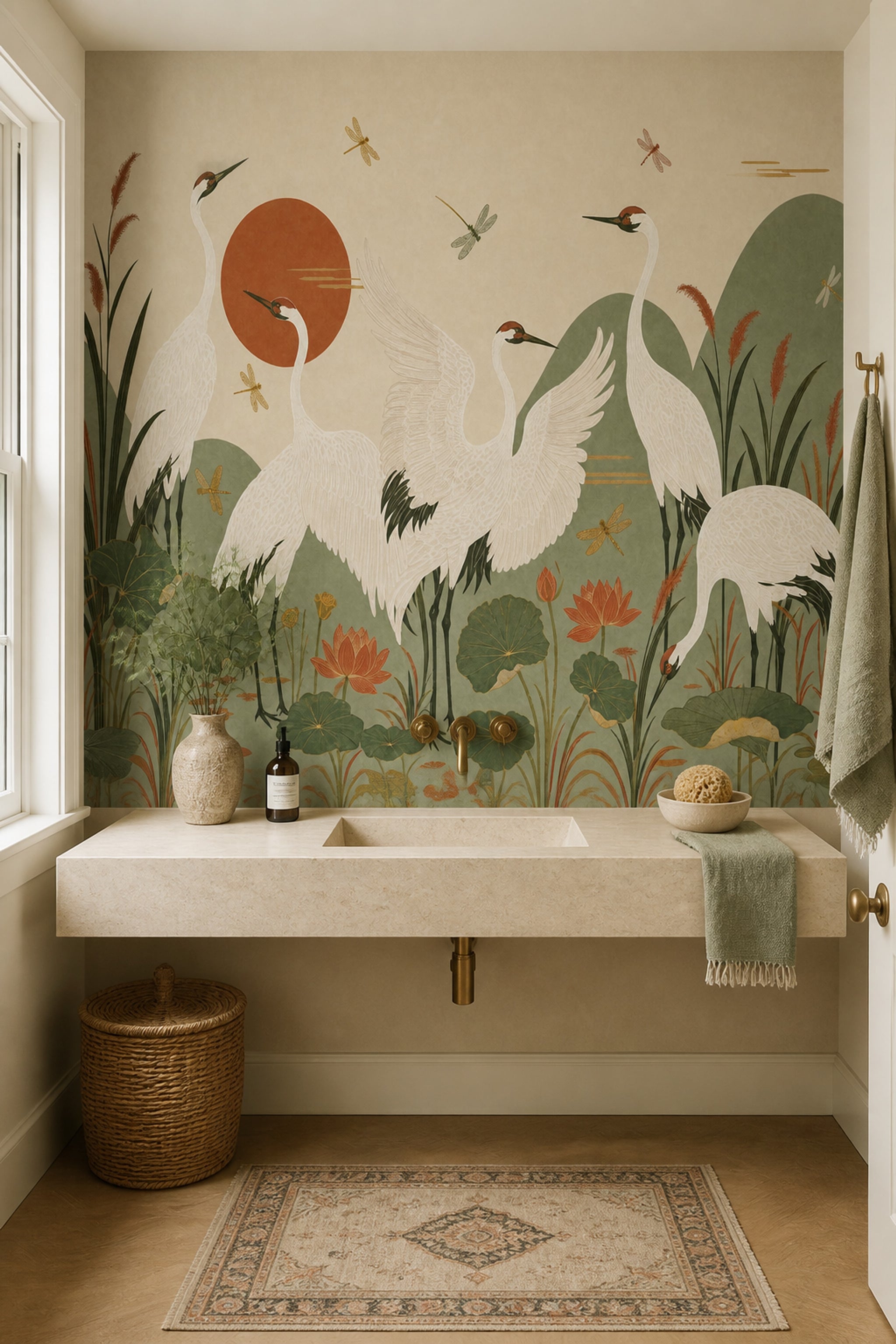 Cranes Wallpaper Lotus East Asian Removable Wall Decor
