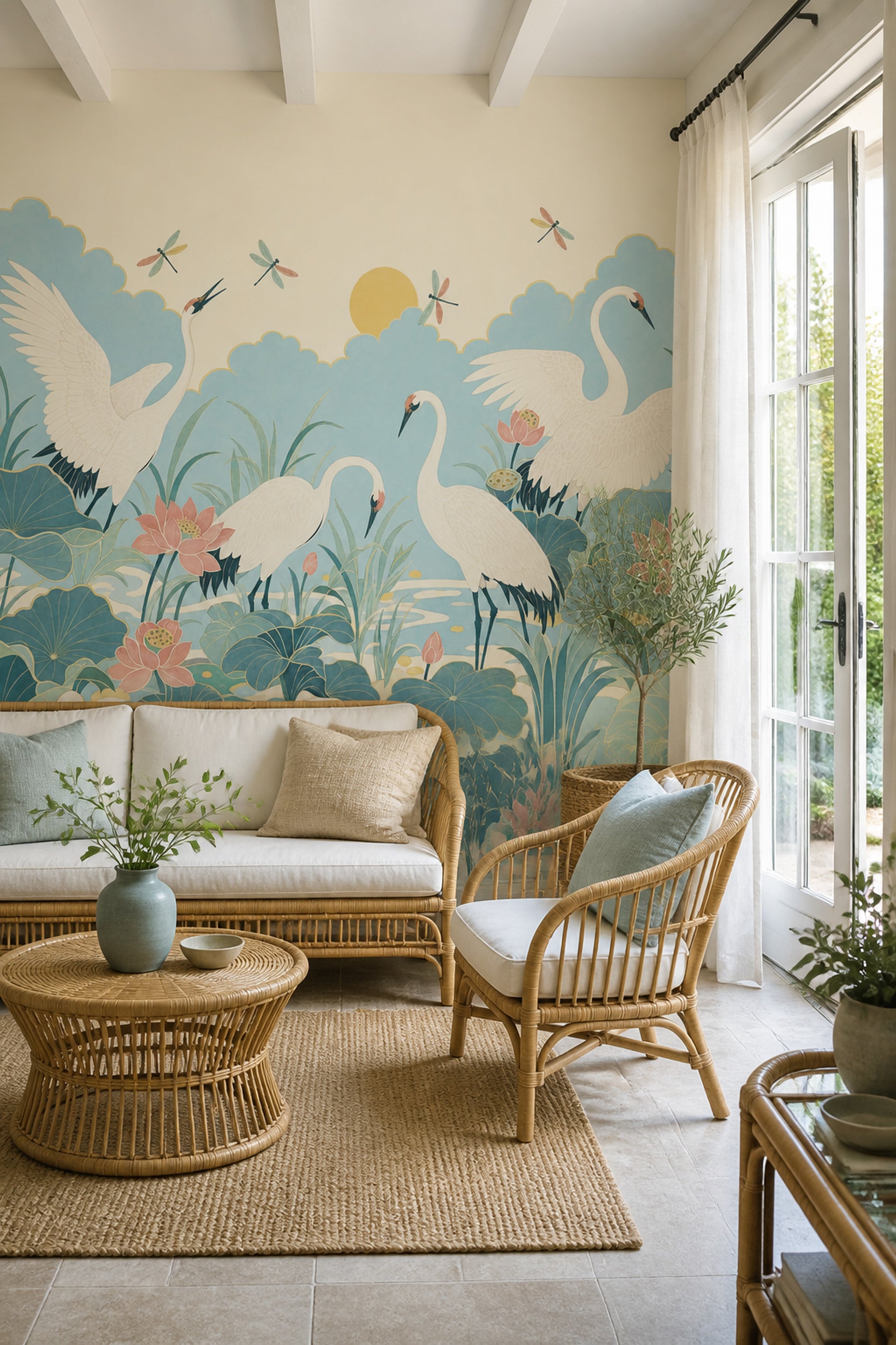 Muted Green Wallpaper Lotus Cranes Wall Mural