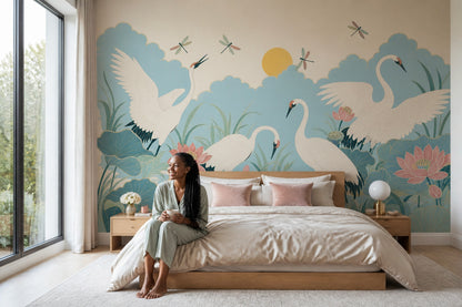 Muted Green Wallpaper Lotus Cranes Wall Mural