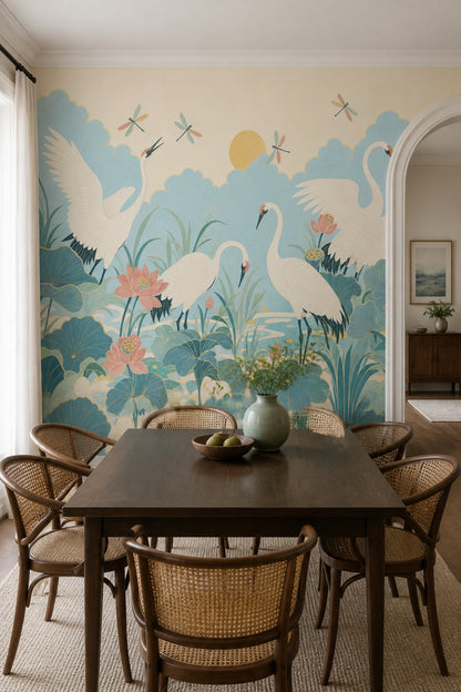 Muted Green Wallpaper Lotus Cranes Wall Mural