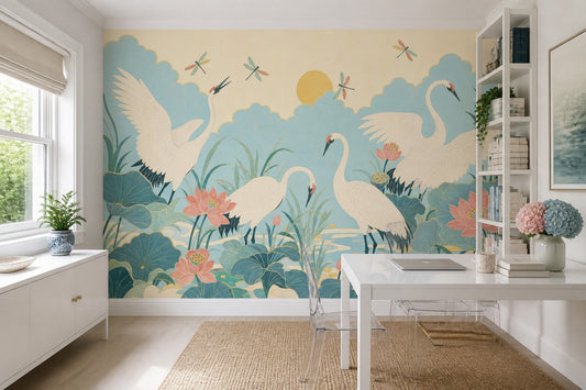Muted Green Wallpaper Lotus Cranes Wall Mural