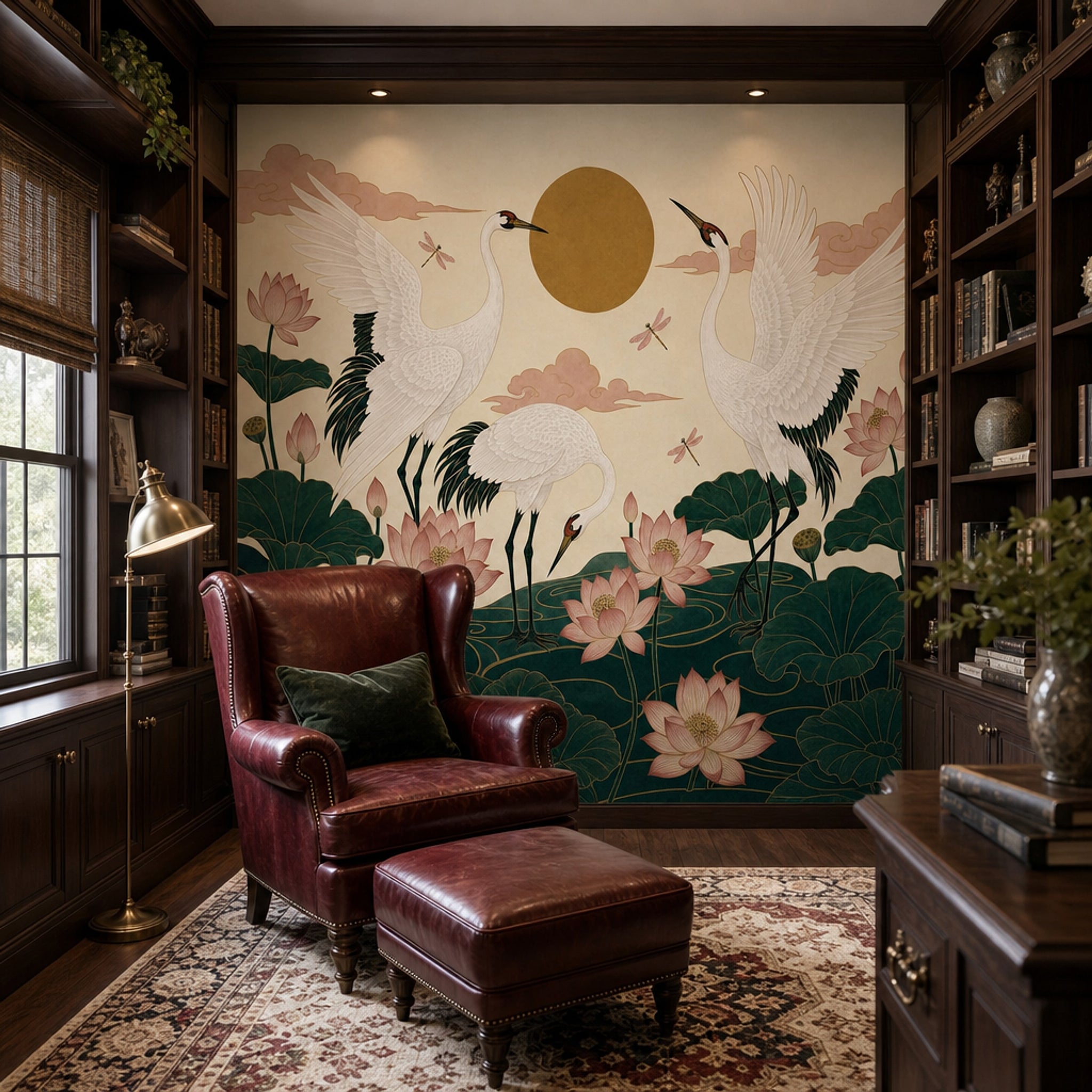Cranes Wallpaper Lotus Flowers Removable Oriental Wall Decor
