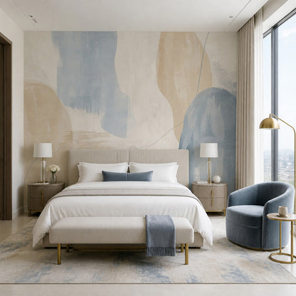 Organic Shapes Wallpaper Muted Blue Brush Texture Wall Mural