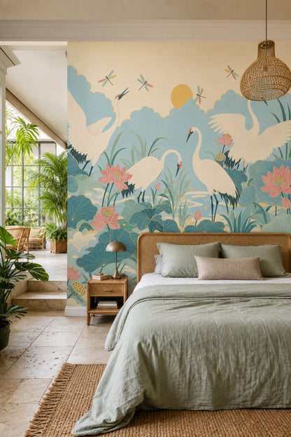 Muted Green Wallpaper Lotus Cranes Wall Mural