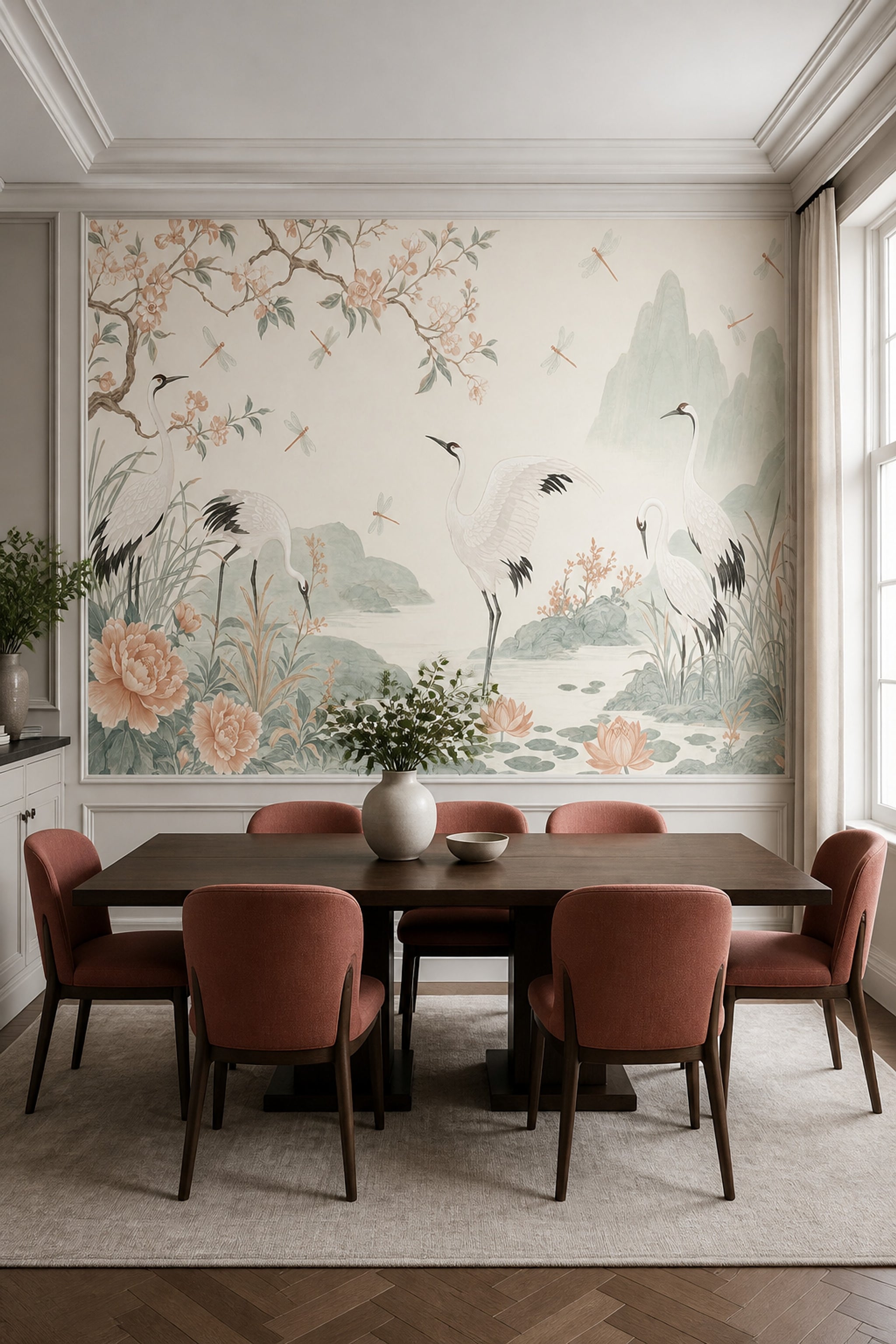 Chinoiserie Wallpaper Cranes Removable Floral Wall Decor
