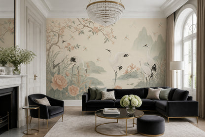 Chinoiserie Wallpaper Cranes Removable Floral Wall Decor