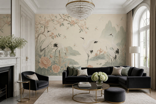 Chinoiserie Wallpaper Cranes Removable Floral Wall Decor