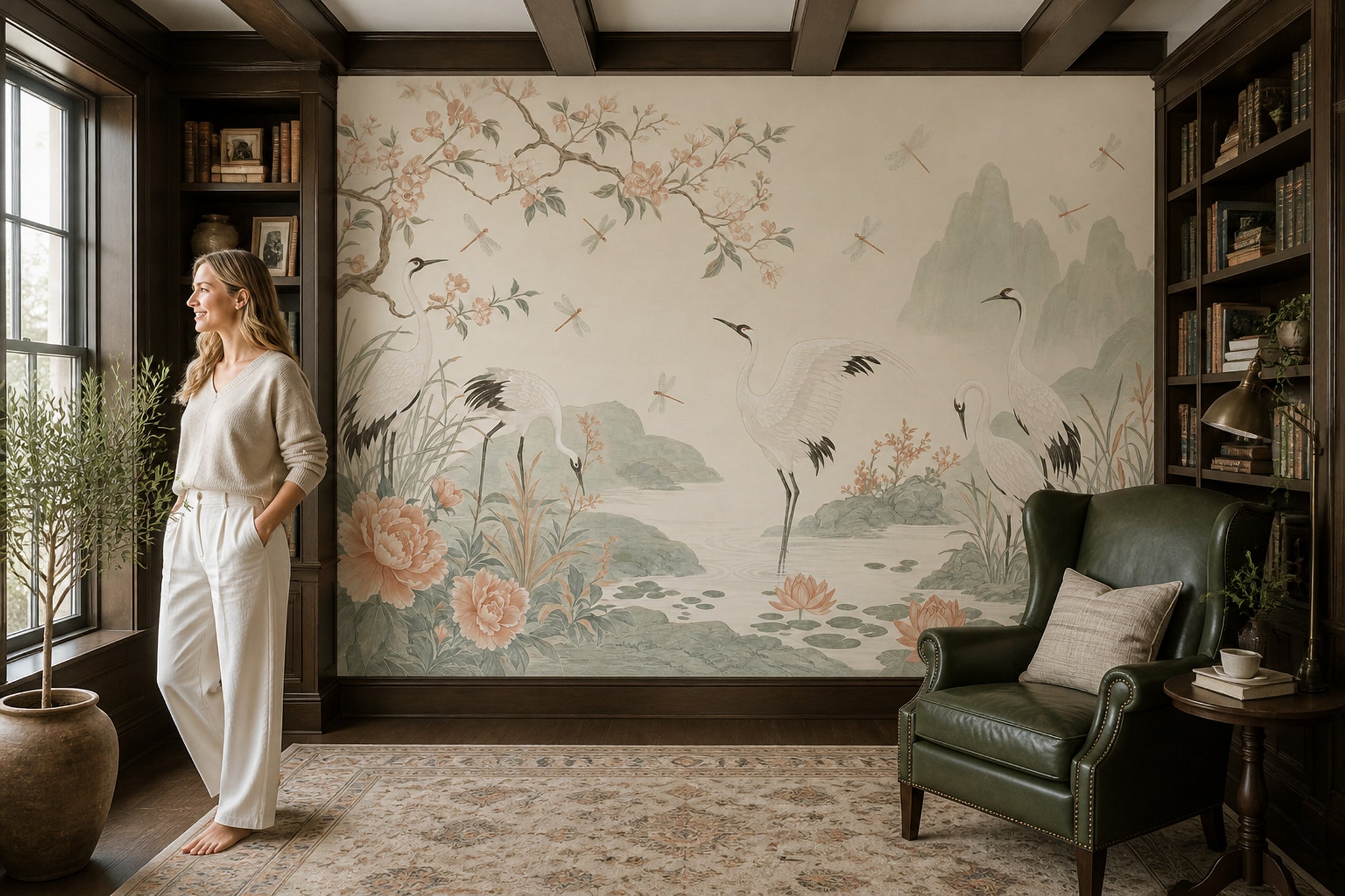 Chinoiserie Wallpaper Cranes Removable Floral Wall Decor