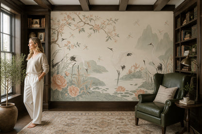 Chinoiserie Wallpaper Cranes Removable Floral Wall Decor