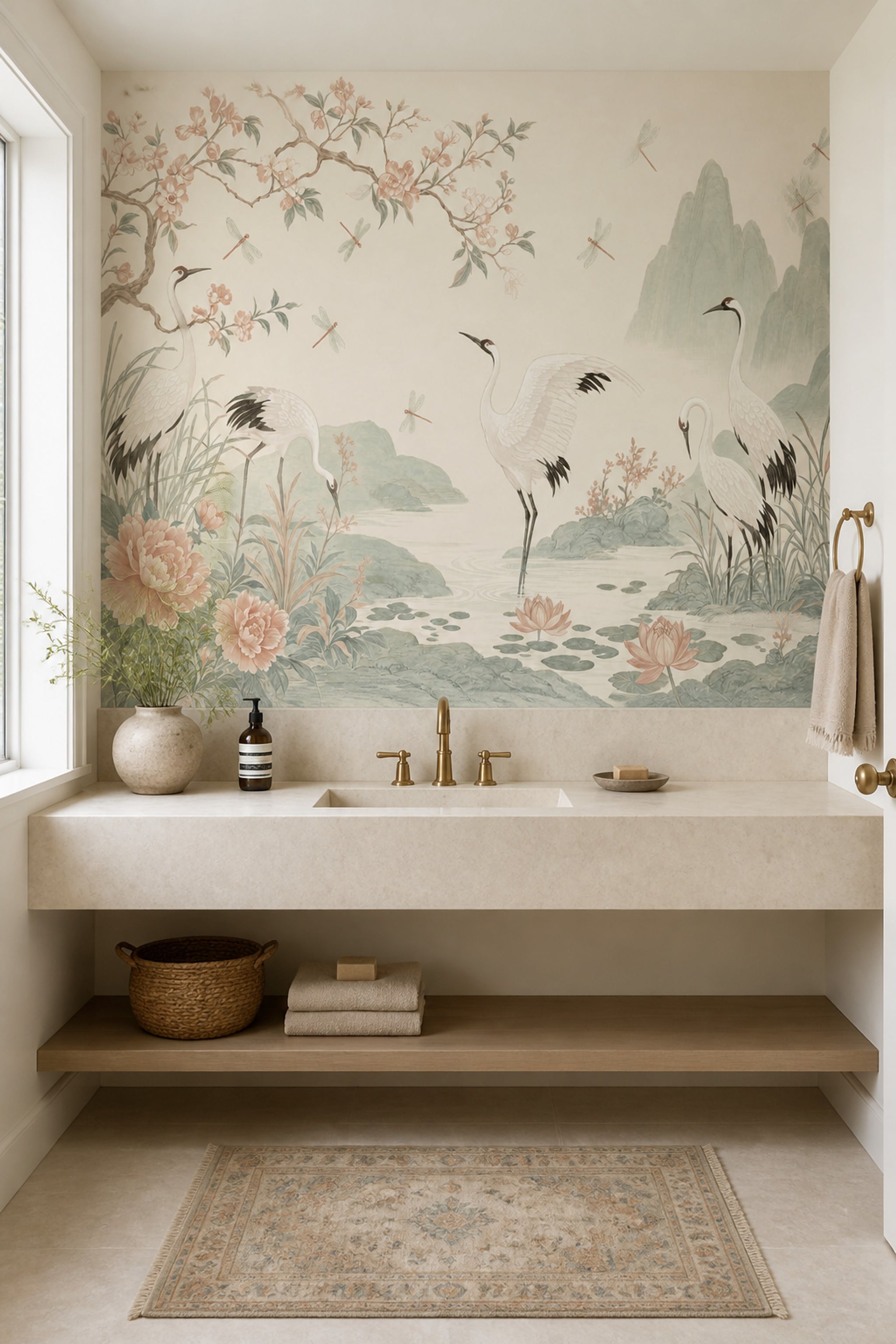 Chinoiserie Wallpaper Cranes Removable Floral Wall Decor