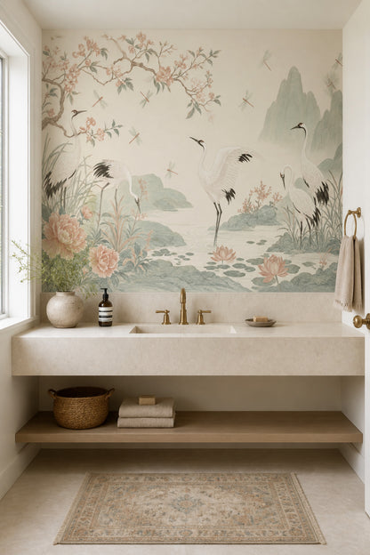 Chinoiserie Wallpaper Cranes Removable Floral Wall Decor