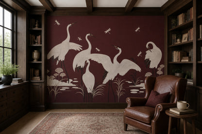 White Cranes Wallpaper Oriental Dragonflies Removable Wall Decor