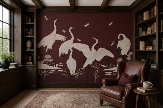 White Cranes Wallpaper Oriental Dragonflies Removable Wall Decor