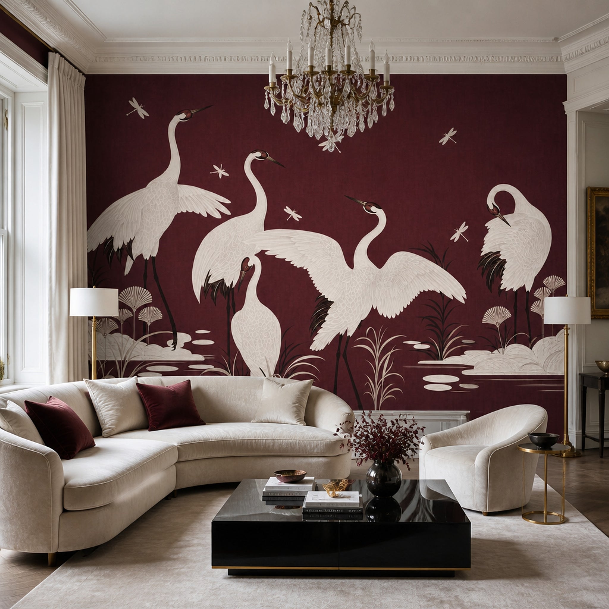 White Cranes Wallpaper Oriental Dragonflies Removable Wall Decor