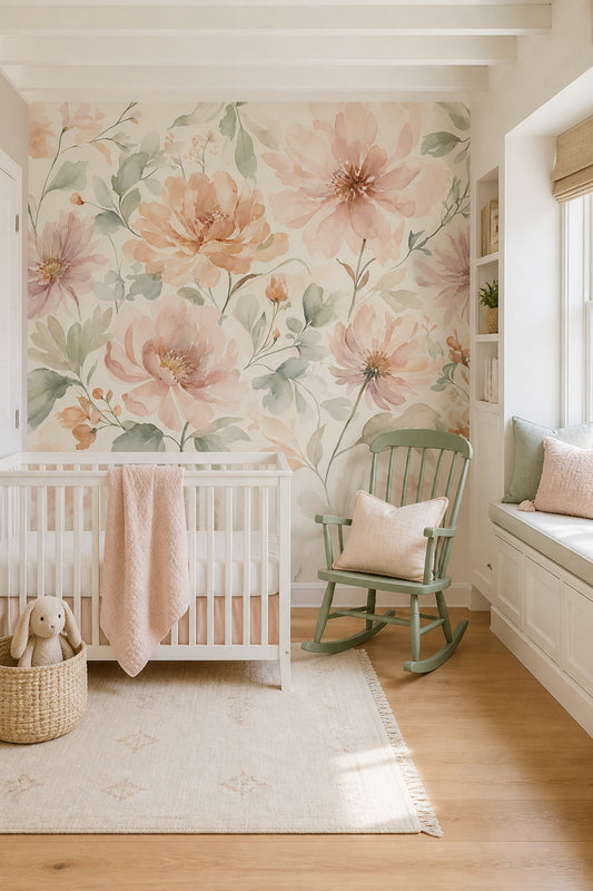 Watercolor Floral Wallpaper Ivory Background Romantic Garden Wall Mural