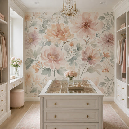 Watercolor Floral Wallpaper Ivory Background Romantic Garden Wall Mural