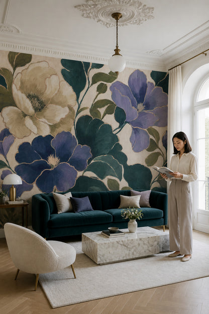 Large Scale Blooms Wallpaper Botanical Cream Background Removable Wall Decor