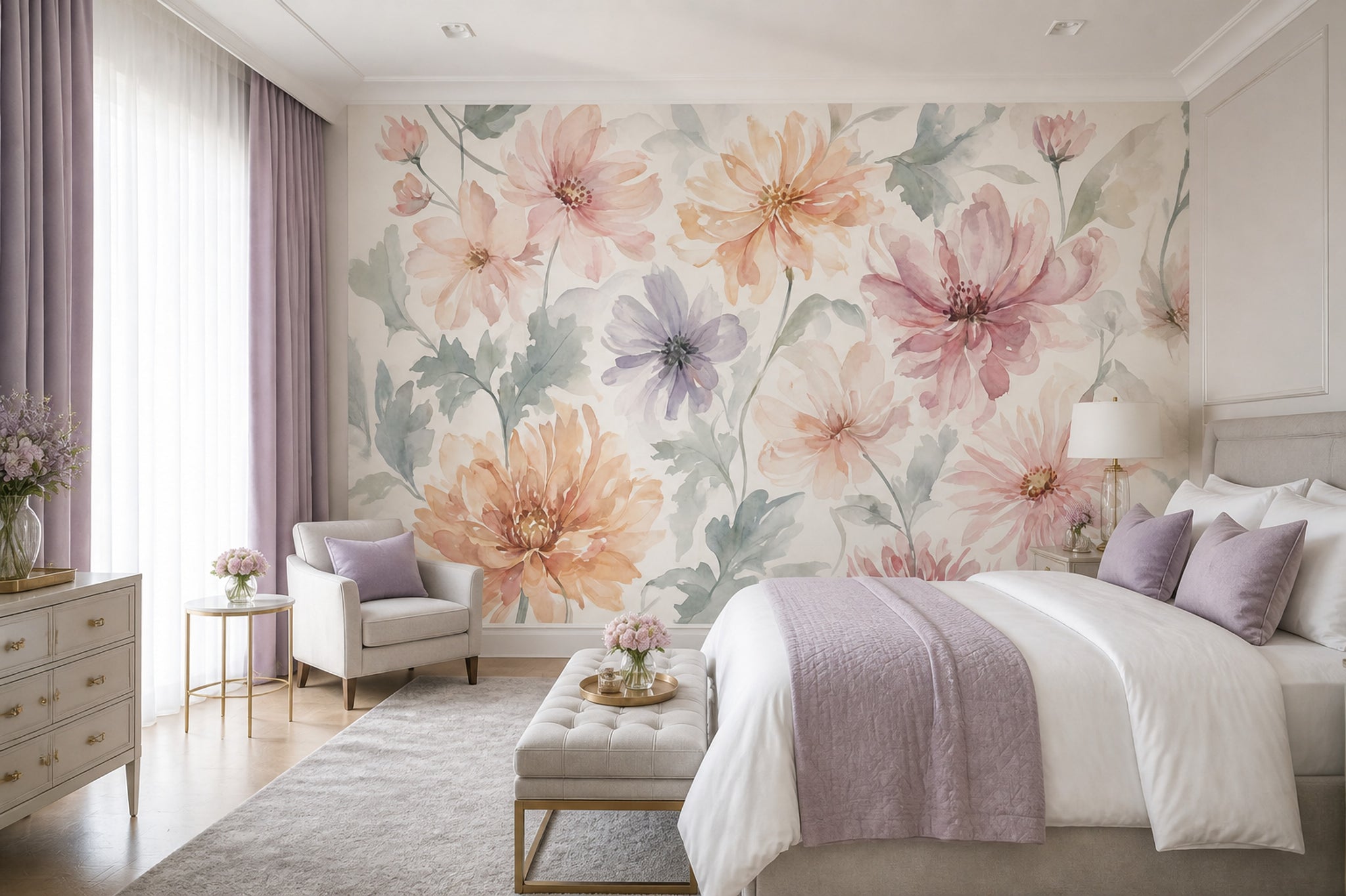 Watercolor Floral Wallpaper Pastel Flowers Botanical Wall Mural