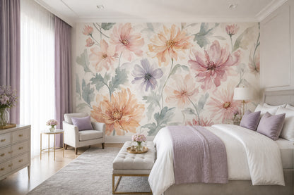 Watercolor Floral Wallpaper Pastel Flowers Botanical Wall Mural