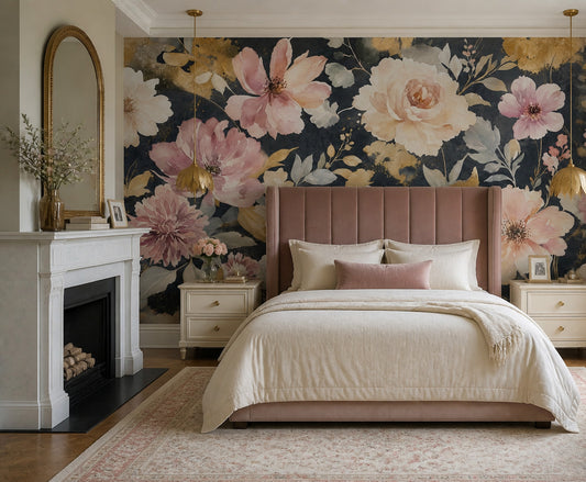 Dark Floral Wallpaper Watercolor Flowers Romantic Removable Wall Decor