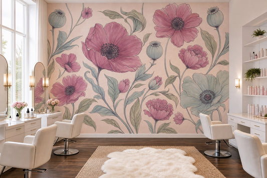 Pink Flowers Wallpaper Botanical Removable Vintage Wall Decor
