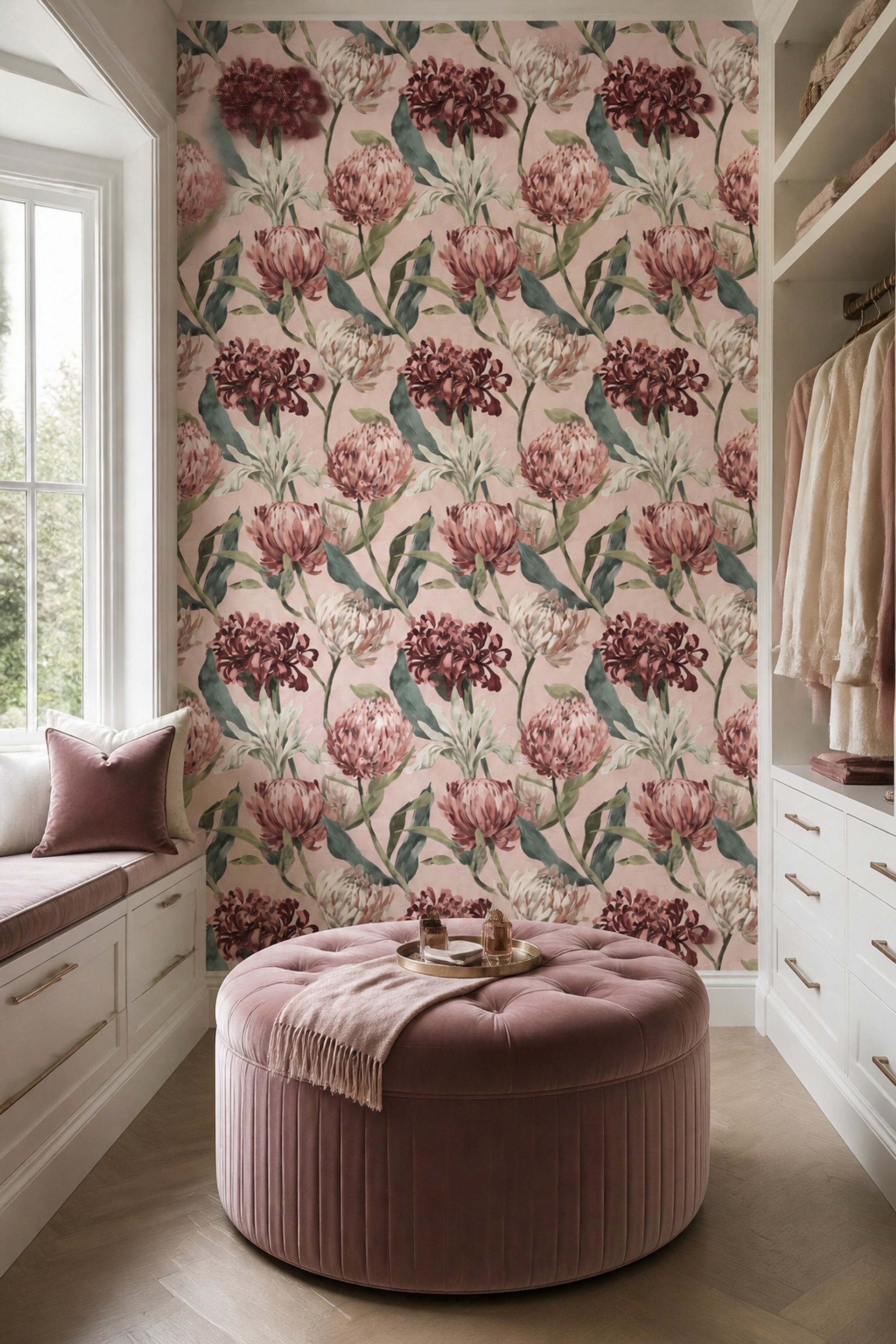 Floral Wallpaper Botanical Pink Background Decorative Mural