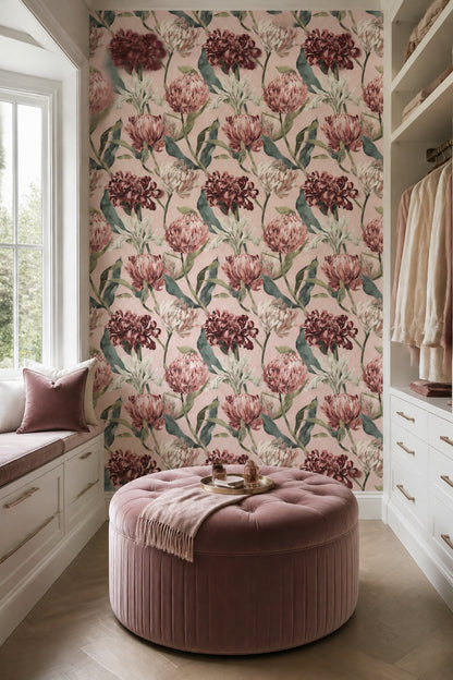 Floral Wallpaper Botanical Pink Background Decorative Mural