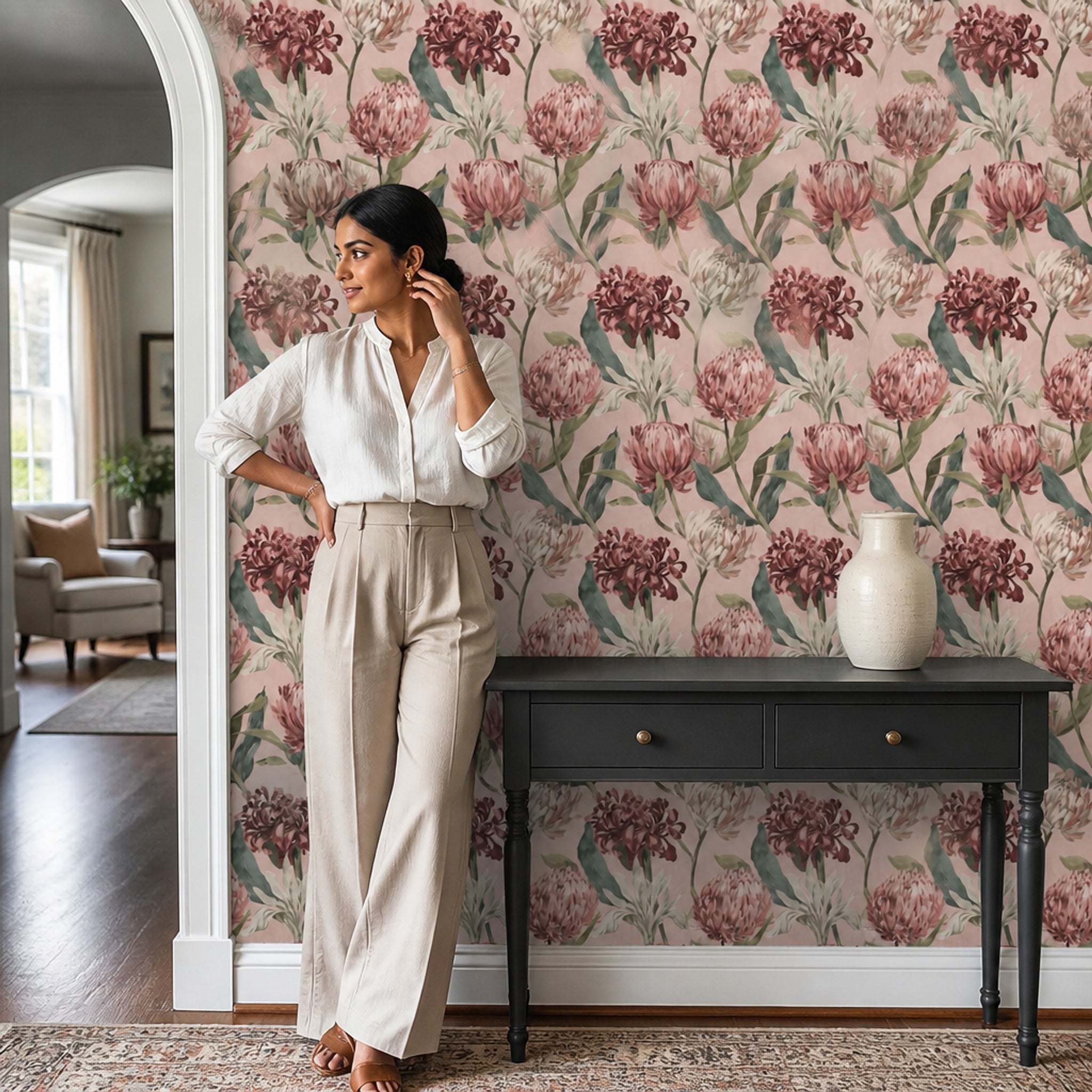 Floral Wallpaper Botanical Pink Background Decorative Mural