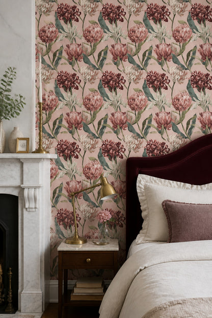Floral Wallpaper Botanical Pink Background Decorative Mural