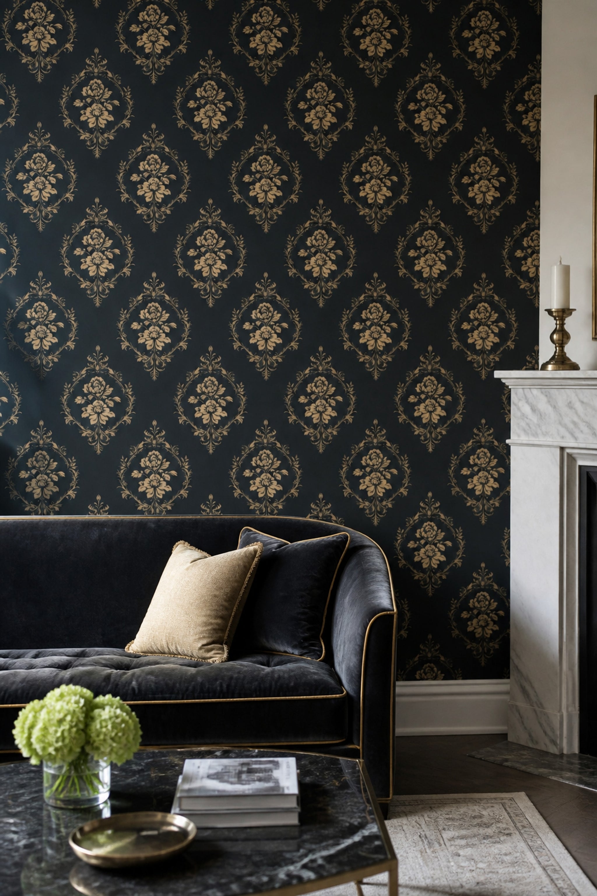 Black And Gold Wallpaper Damask Removable Floral Wall Double Roll