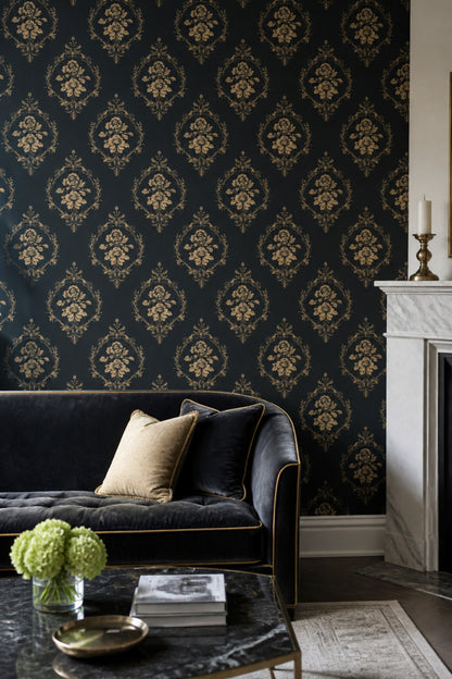 Black And Gold Wallpaper Damask Removable Floral Wall Double Roll