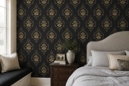 Black And Gold Wallpaper Damask Removable Floral Wall Double Roll