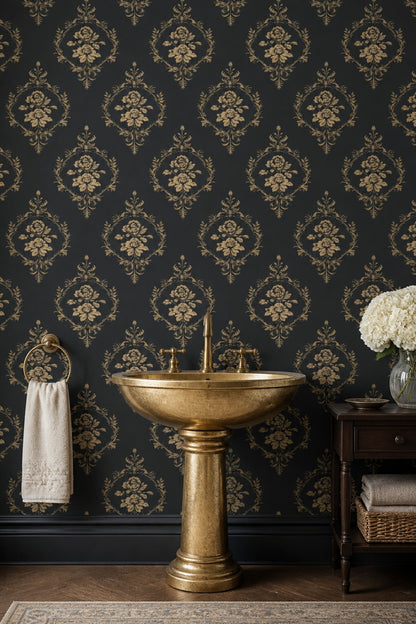 Black And Gold Wallpaper Damask Removable Floral Wall Double Roll