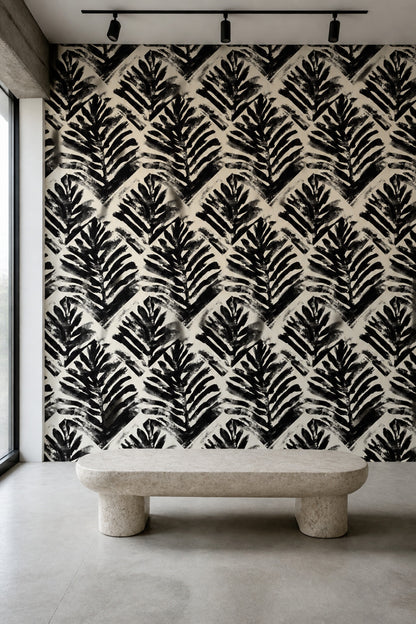 Abstract Wallpaper Black Brushstrokes Cream Background Removable Wall Decor