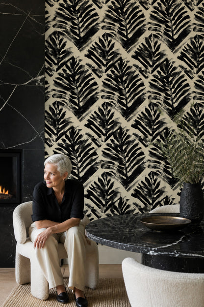 Abstract Wallpaper Black Brushstrokes Cream Background Removable Wall Decor