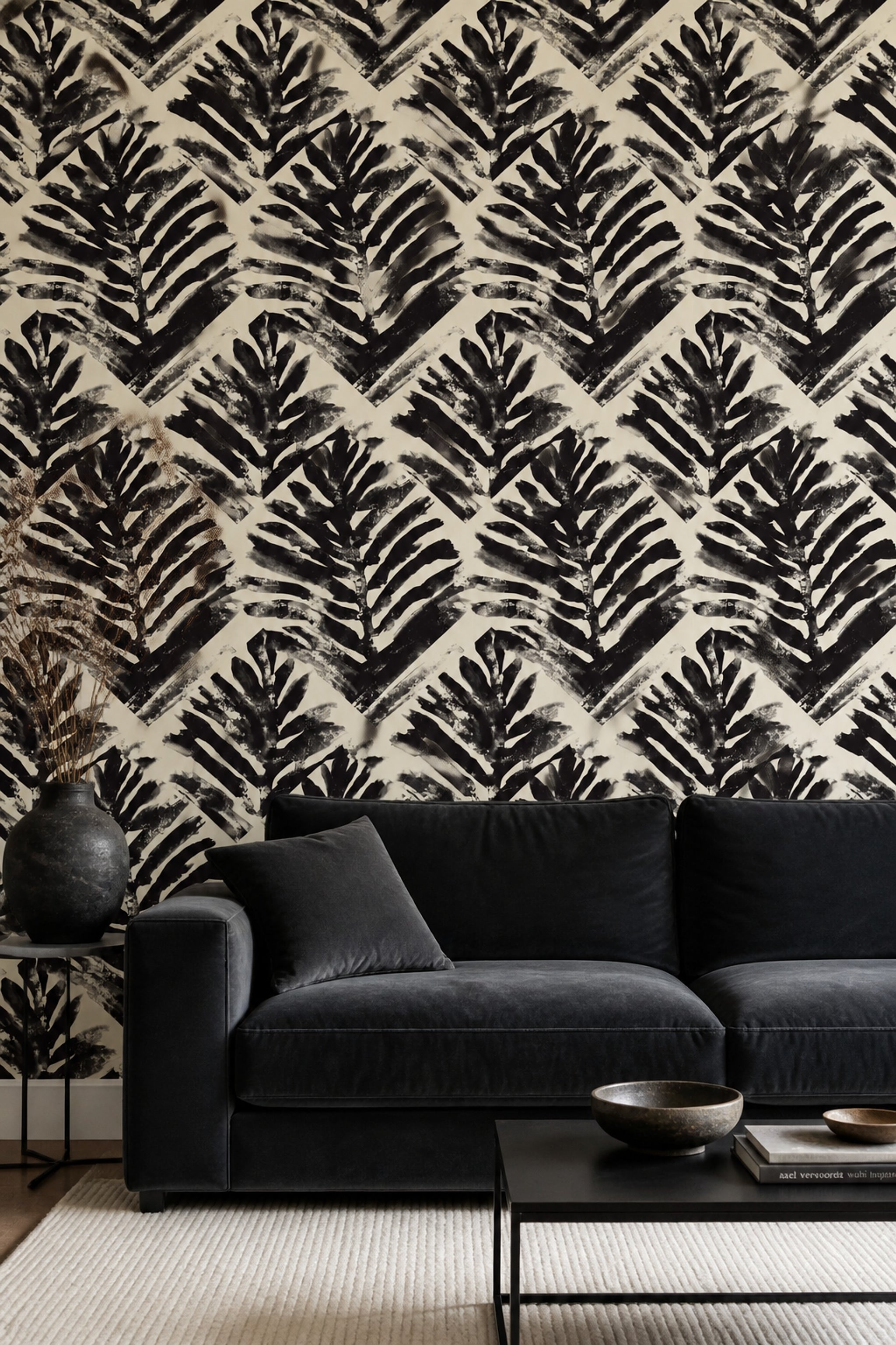 Abstract Wallpaper Black Brushstrokes Cream Background Removable Wall Decor