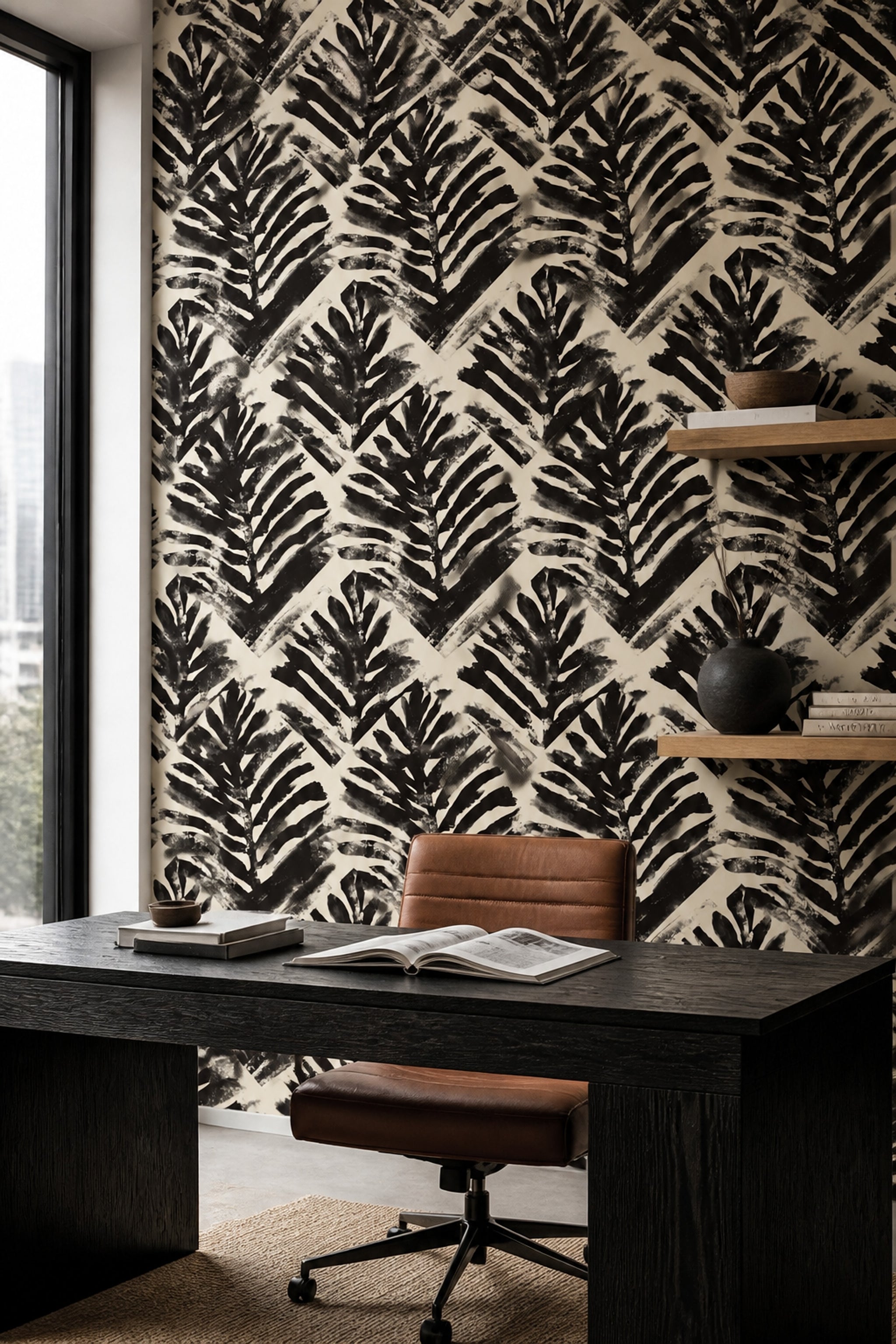 Abstract Wallpaper Black Brushstrokes Cream Background Removable Wall Decor