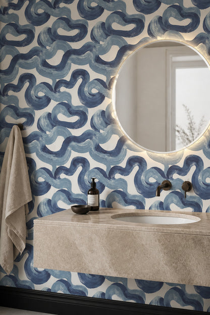 Blue Brushstrokes Wallpaper Navy Abstract Removable Wall Decor