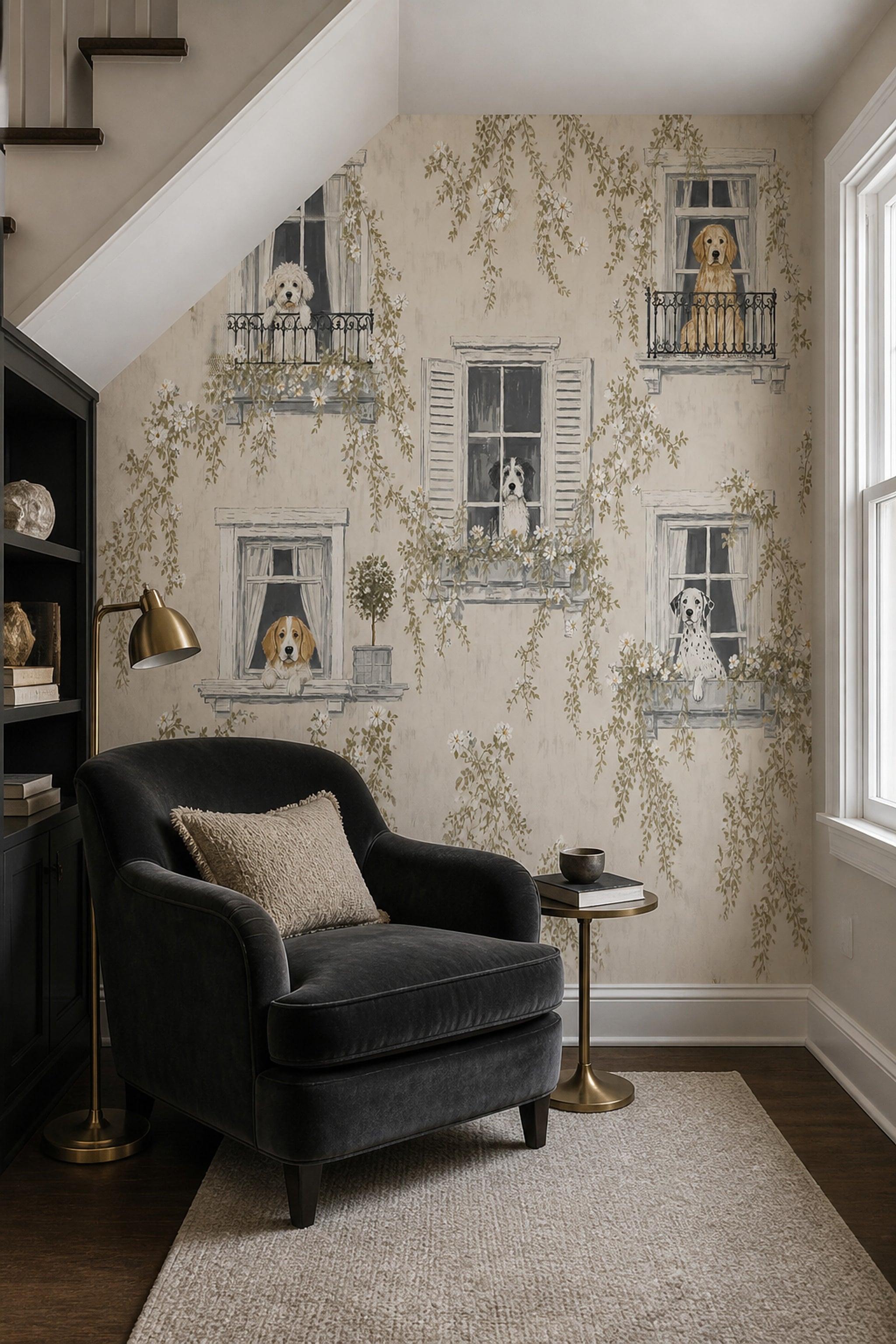 French Country Wallpaper Dogs Windows Wall Mural