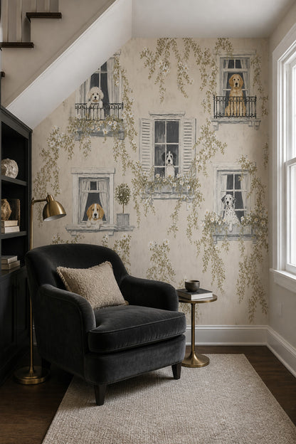 French Country Wallpaper Dogs Windows Wall Mural