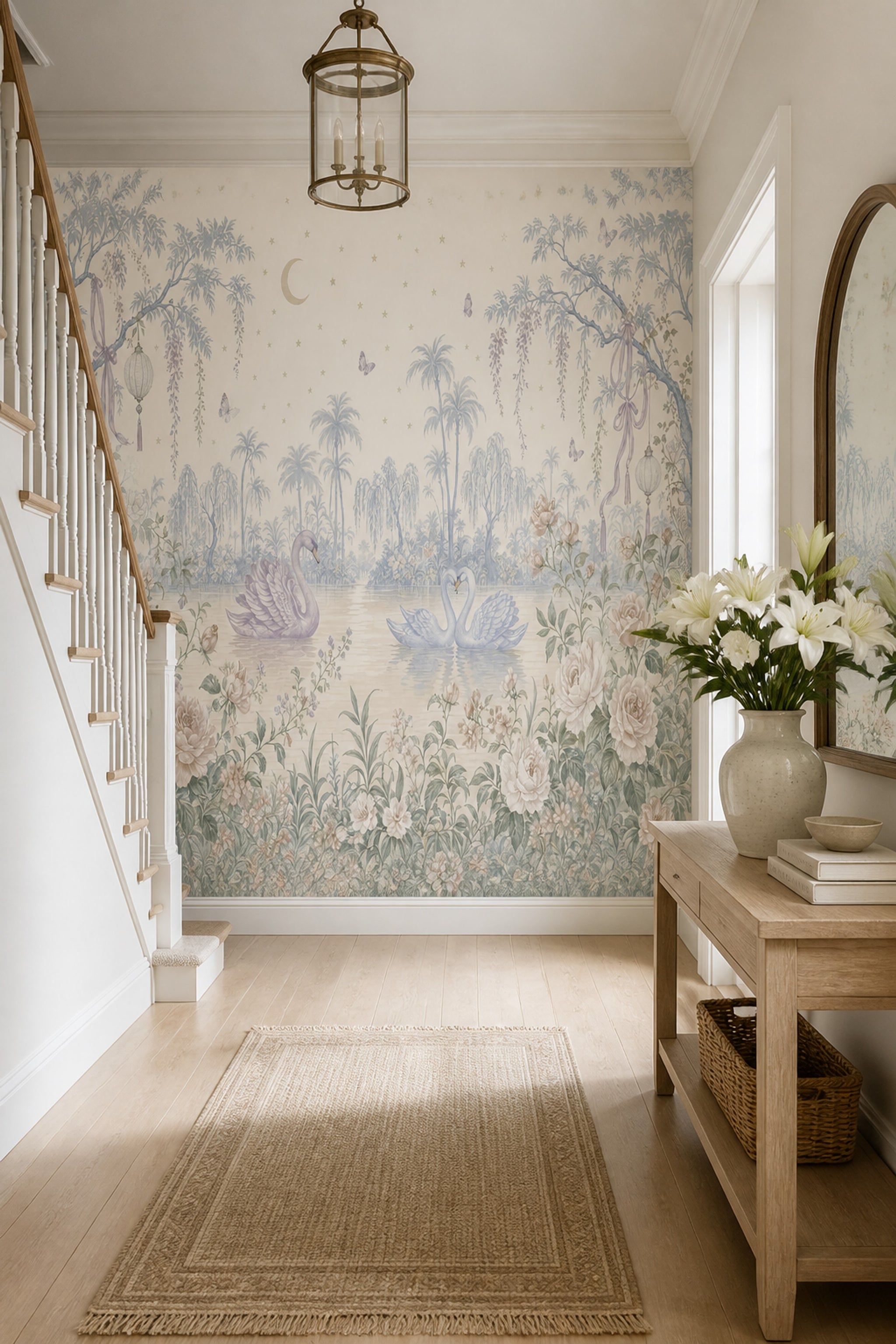 Swans Wallpaper Floral Garden Lake Landscape Wall Mural