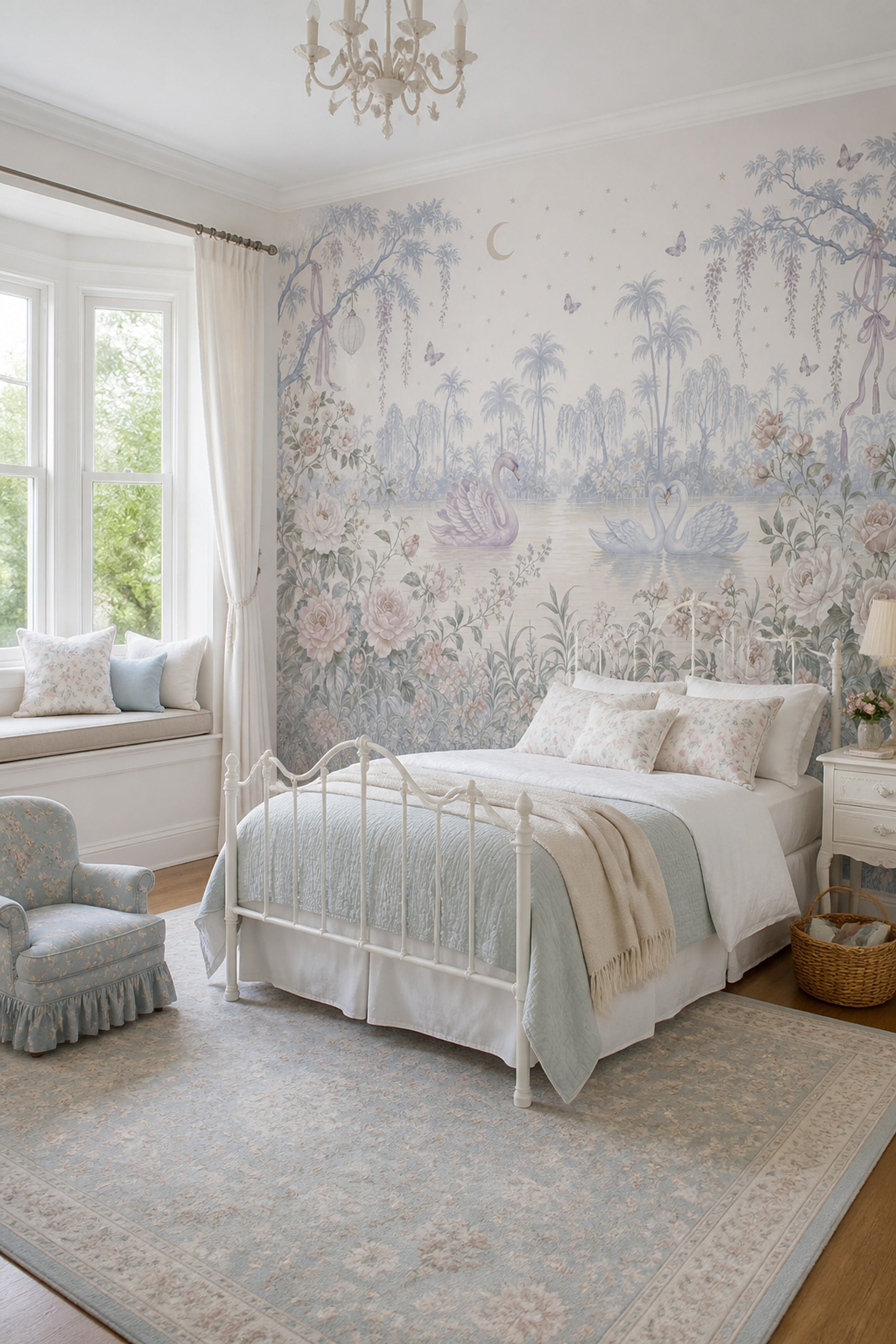 Swans Wallpaper Floral Garden Lake Landscape Wall Mural
