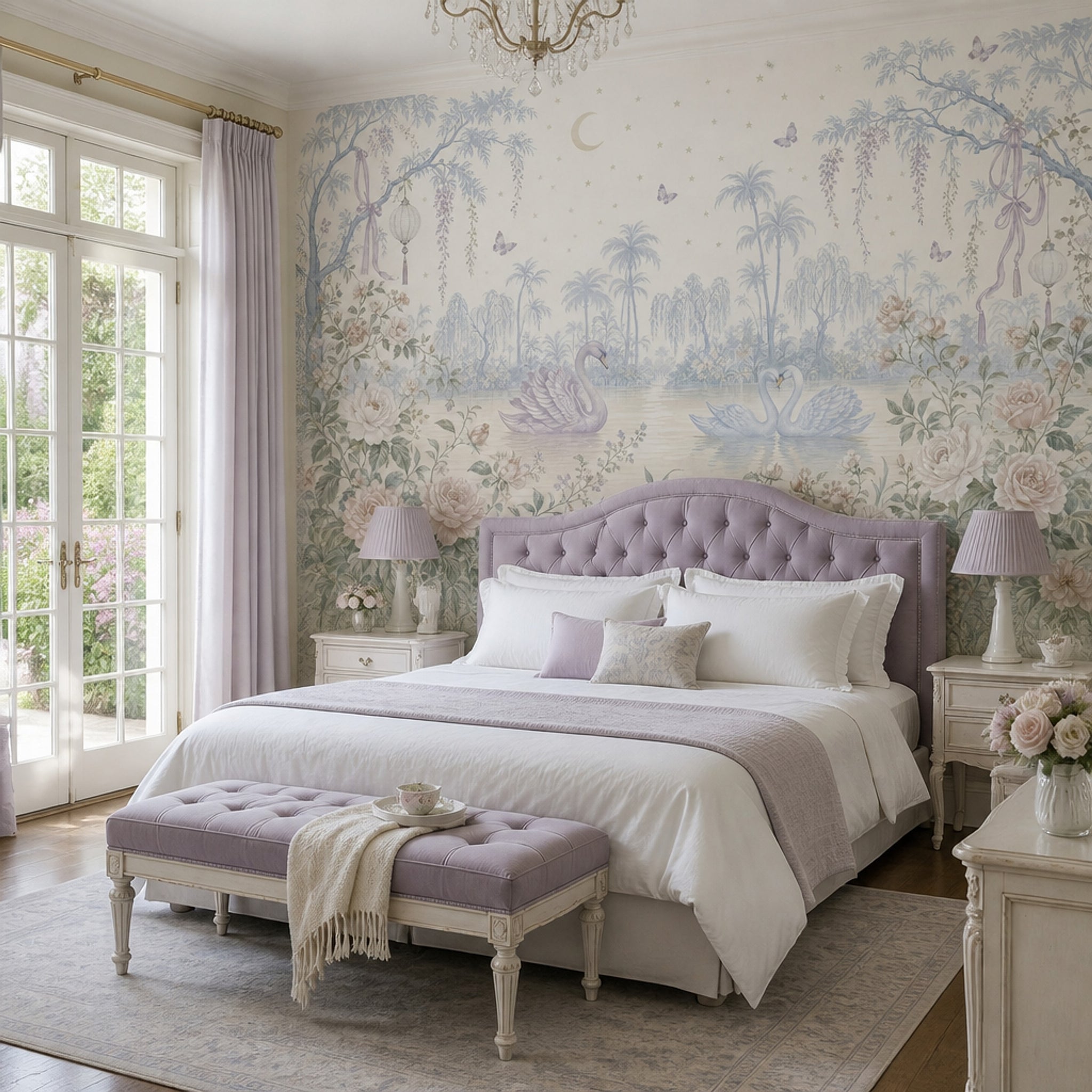 Swans Wallpaper Floral Garden Lake Landscape Wall Mural