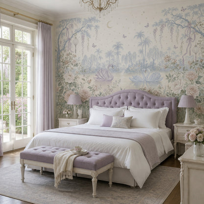 Swans Wallpaper Floral Garden Lake Landscape Wall Mural