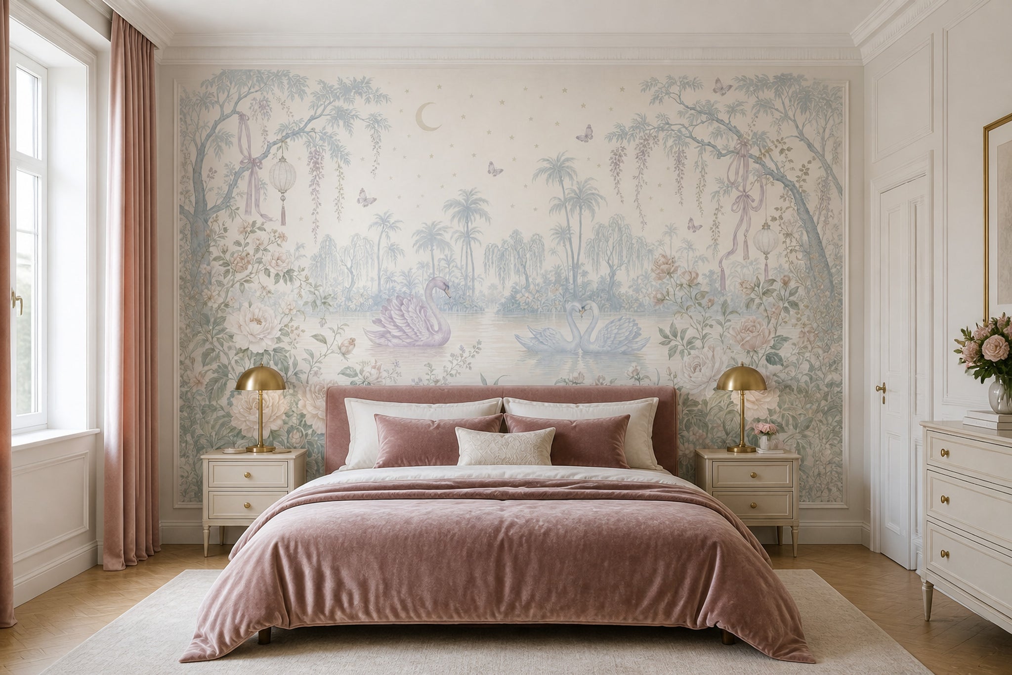 Swans Wallpaper Floral Garden Lake Landscape Wall Mural