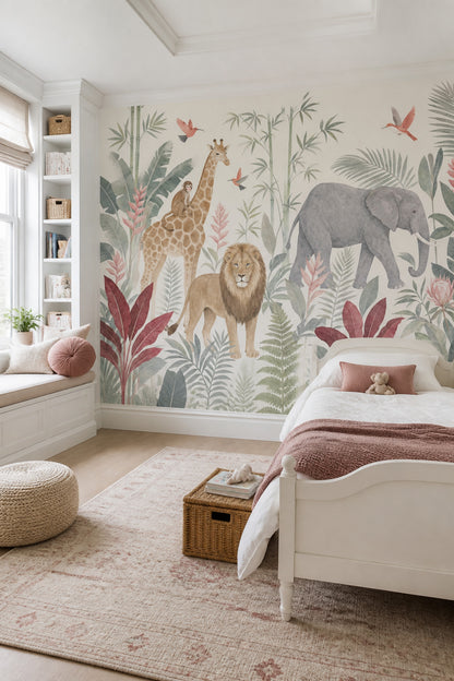 Tropical Safari Wallpaper Jungle Animals Watercolor Wall Mural